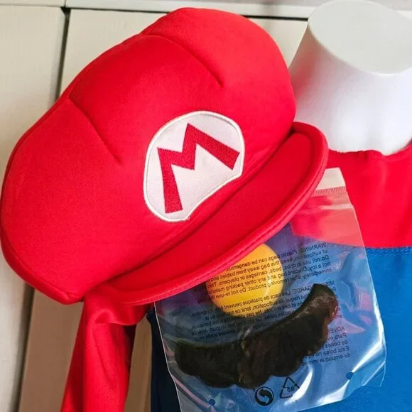 Super Mario Kids Costume 7-8 Gloves Plush Belly Jumpsuit Hat Halloween Boys Game - Picture 3 of 7